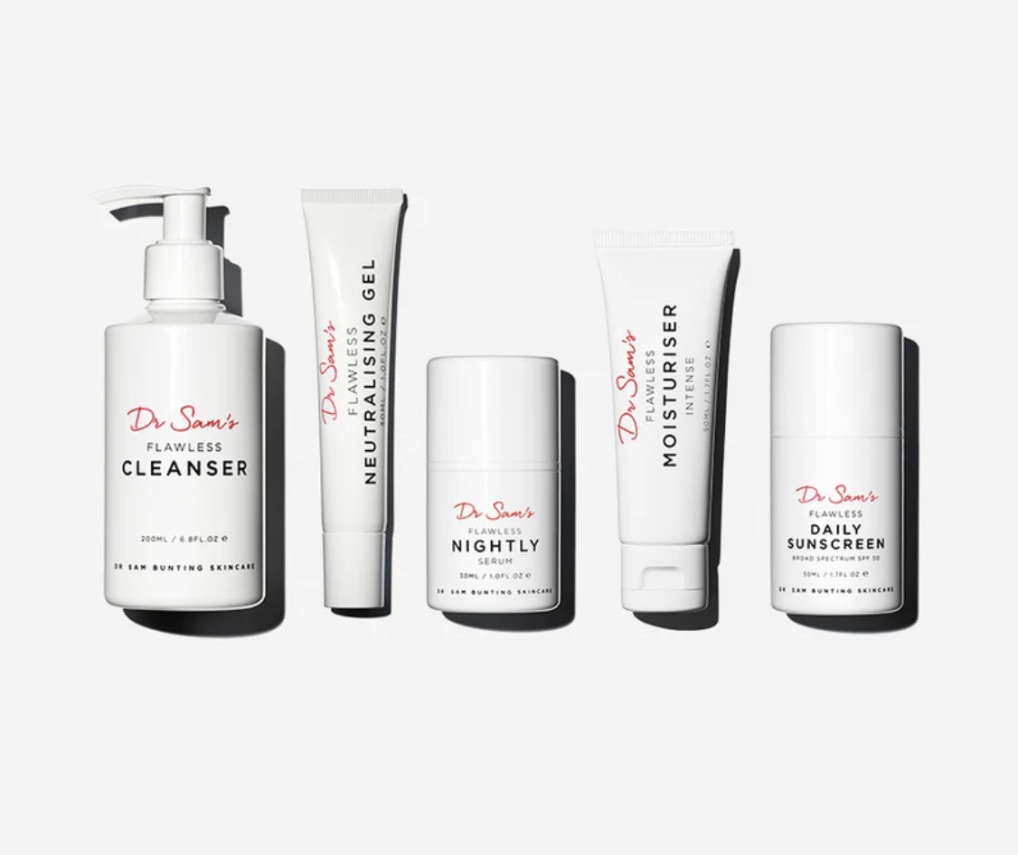 Dr Sam's Clarity Set - full-size Flawless Cleanser, Flawless Neutralising Gel, Flawless Nightly Serum, Flawless Moisturiser, Flawless Daily Sunscreen